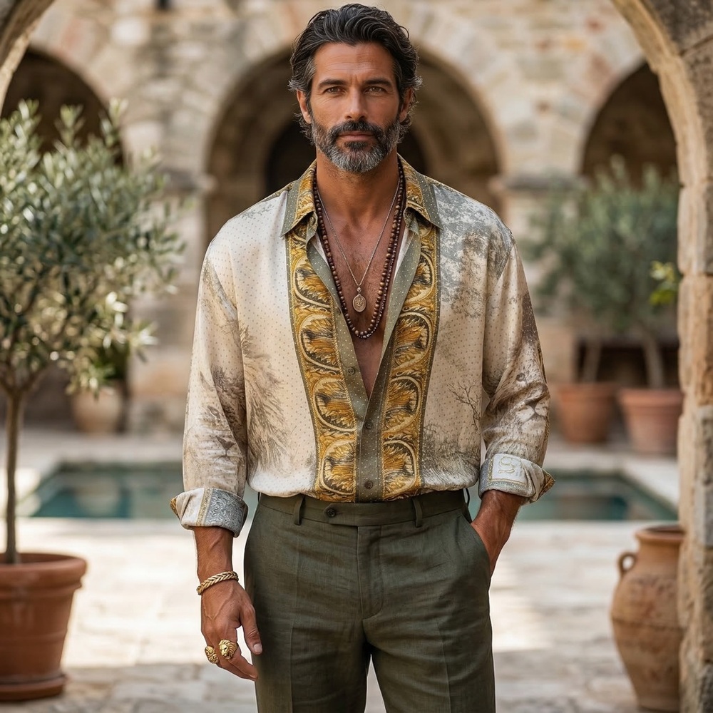 SETA PER UOMO ITALY VINTAGE BAROQUE TRIM LUXURY MENS 90S SILK SHIRT SZ M